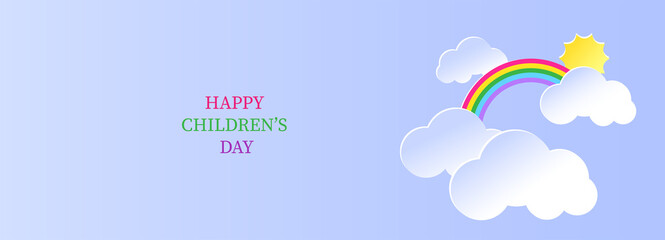 Happy Children's Day banner. Rainbow, sun and clouds on a blue background.