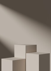 Minimalist beige podium for product showcase background. Geometric shapes. Empty black background mock up stage. 3d render illustration