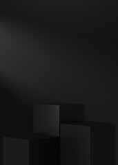 Minimalist black podium for product showcase background. Geometric shapes. Empty black background mock up stage. 3d render illustration