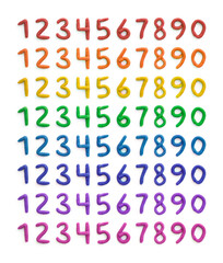 Set of multicolored plasticine numbers 1, 2, 3 and other. Handmade figures isolated on white