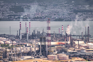 Turkey - May 19, 2022 : Tupras Izmit oil refinery, Tupras is Turkey's largest oil refinery Korfez/Kocaeli - obrazy, fototapety, plakaty