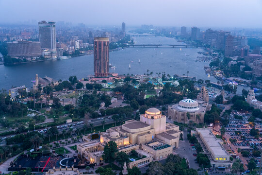 Egypt, Cairo, Aerial view of cityscape and Nile river