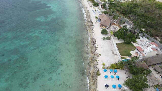 Aerial view of sandy beach and ocean with waves, Caribbean Cozumel beach
