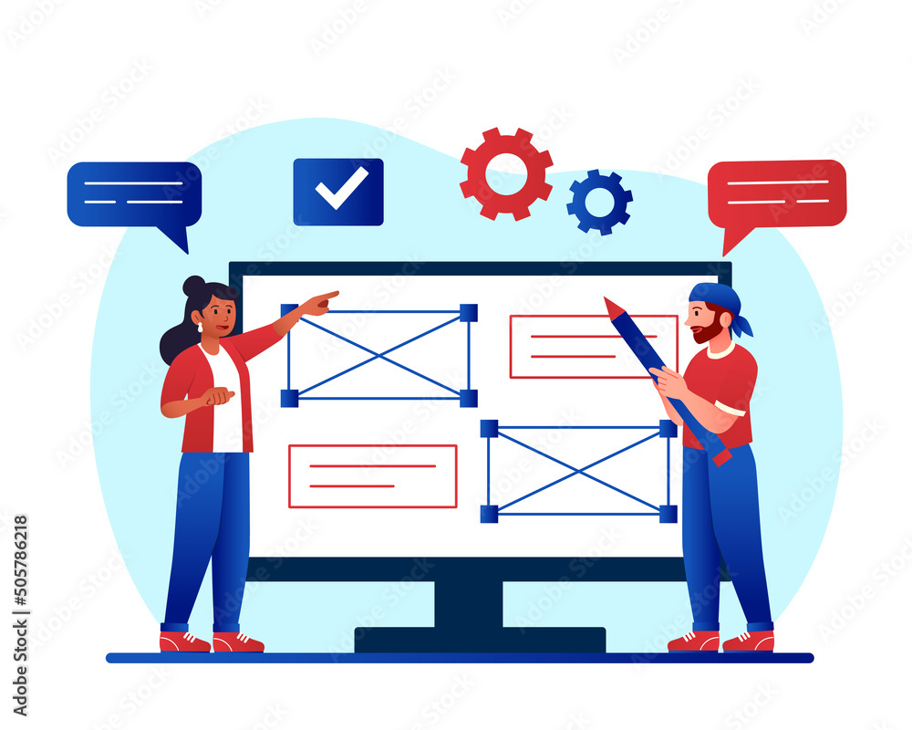 Poster website prototyping concept. man and girl create template or page layout. programmers and designers 