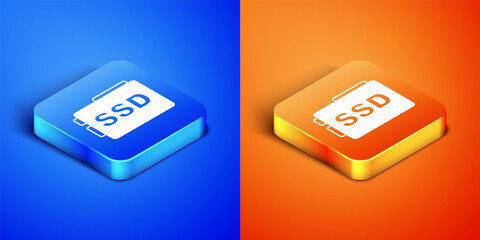 Isometric SSD card icon isolated on blue and orange background. Solid state drive sign. Storage disk symbol. Square button. Vector