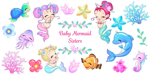 Cute little mermaid girls illustration. Cute sea animals and flowers.