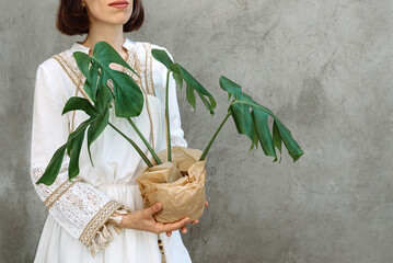 The girl in a beautiful white boho style dress holds in pot plant Monstera with charming green...
