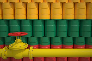 Barrels with flag of Lithuania and gas transportation pipe. 3d rendering