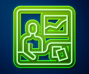 Glowing neon line Trading courses icon isolated on blue background. Distance learning finance management, buying and selling assets in the stock markets. Vector