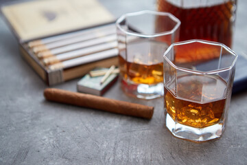 Carafe of Whiskey or brandy, glasses and box of finnest Cuban cigars