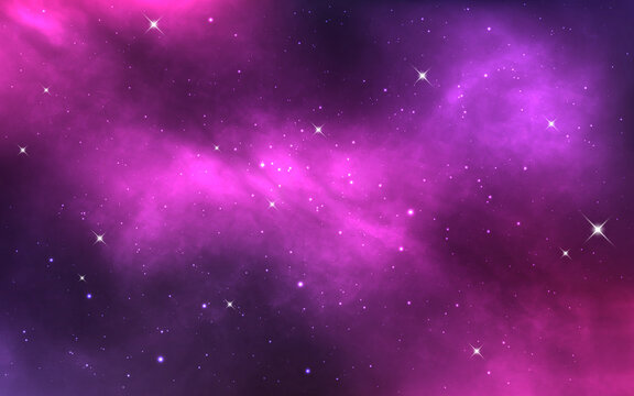 Purple Galaxy. Space Starry Texture. Realistic Cosmos With Stardust. Deep Bright Universe. Color Nebula With Milky Way And Stars. Vector Illustration