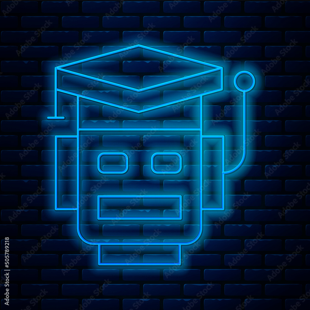 Aufkleber glowing neon line robot icon isolated on brick wall background. artificial intelligence, machine lea