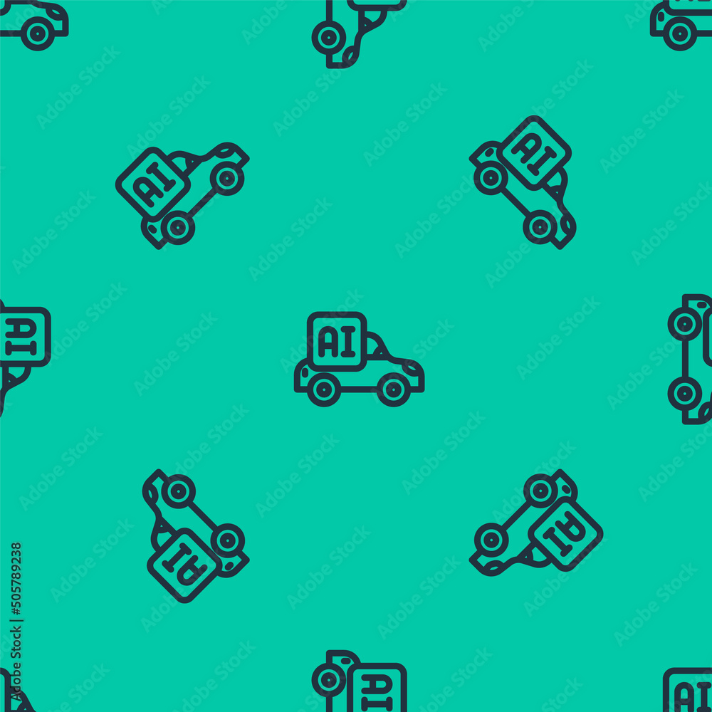 Poster blue line autonomous artificial intelligence smart car icon isolated seamless pattern on green backg