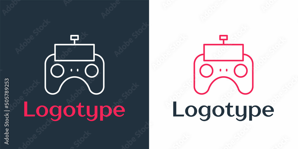 Poster logotype line remote control icon isolated on white background. logo design template element. vector
