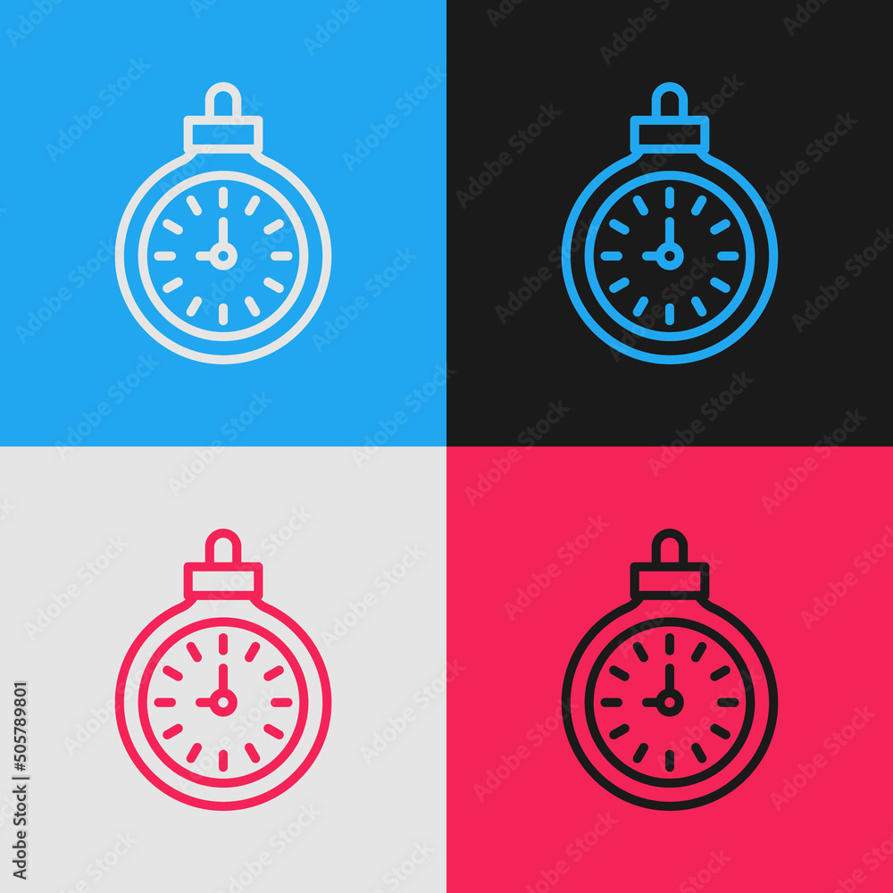 Poster Pop art line Pocket watch icon isolated on color background. Vector