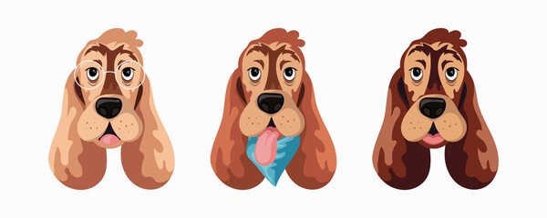 Vector cartoon dog breeds. Cute doodle illustration. Set of different dog faces, front view on white background