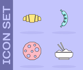 Set Rice in a bowl with chopstick, Croissant, Cookie or biscuit and Hotdog icon. Vector