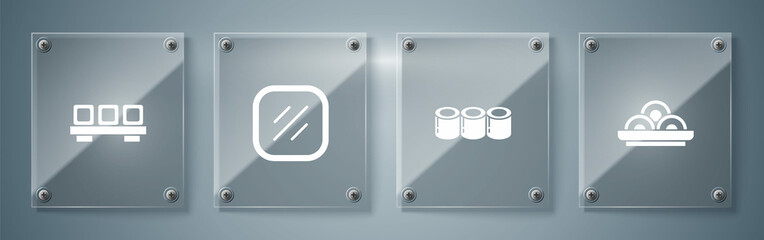 Set Asian noodles in bowl, Sushi, Steak meat and on cutting board. Square glass panels. Vector