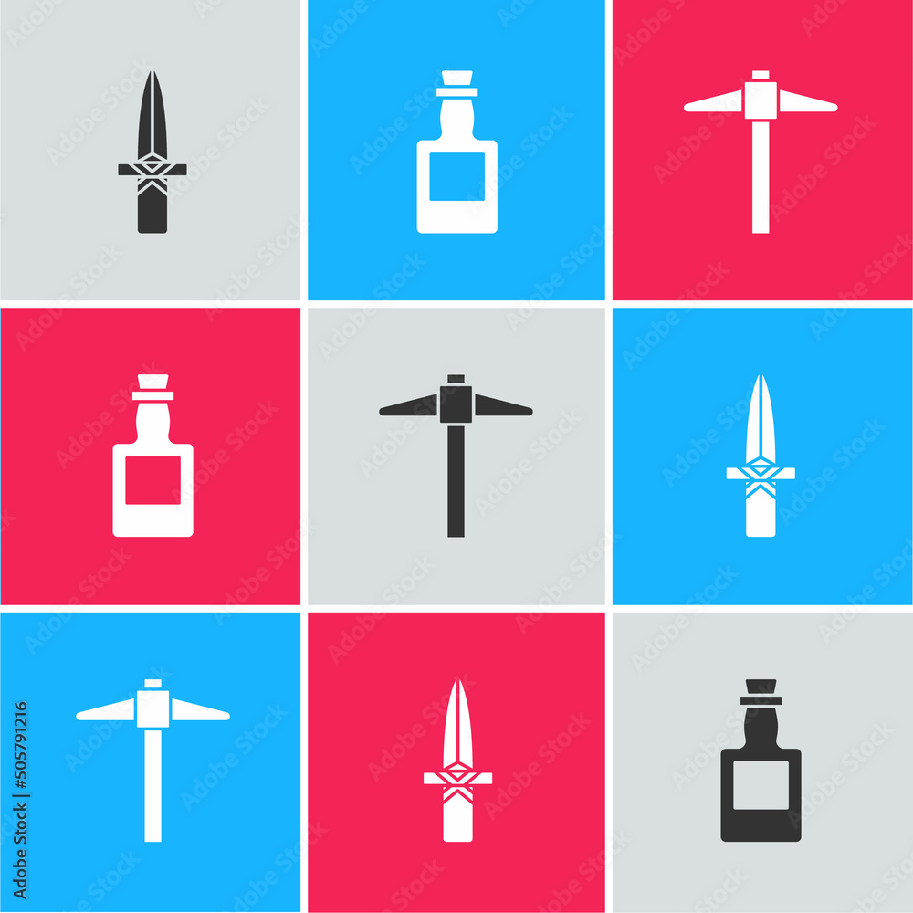 Poster set dagger, tequila bottle and pickaxe icon. vector