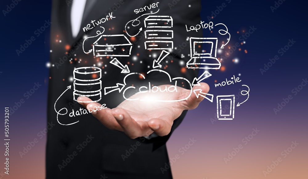 Poster hand with virtual artificial intelligence with cloud computing technology