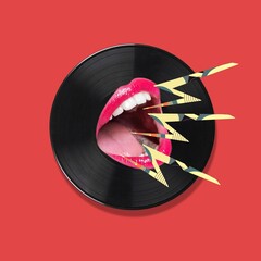 Art style. Contemporary art collage of vinyl record with rainbow path. Concept of art, music,...
