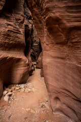 Smooth Walls Close In Over Narrow Sandy Trail In Slot Canyon