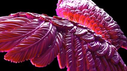 Red and purple gradient patterned wings under black lighting background. Concept image of free activity, decision without regret and strategic action. 3D CG. 3D illustration.