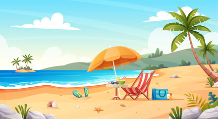 Fototapeta na wymiar Tropical beach landscape with beach chair and umbrella on the seashore. Summer vacation cartoon vector concept