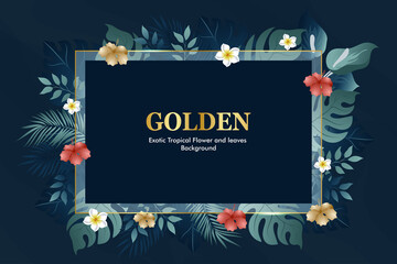 Luxury golden frame with navy blue summer tropical background 
