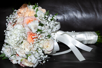 Bride Accessories On Her Wedding Day; Beautiful Wedding Bouquet