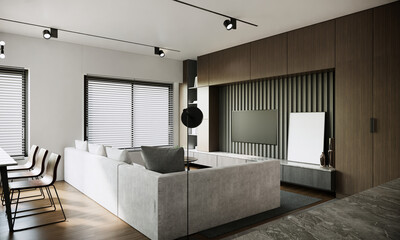 Modern apartment ideas, interior of living room with forniture and tv mockup, 3D rendering	