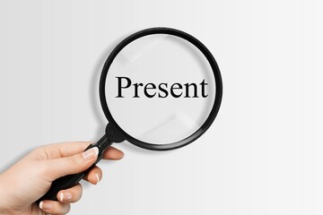 Focus current situation concept. Present wording inside of Magnifier glass on background.