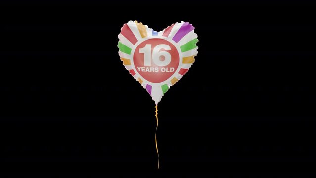 Birthday Celebration Helium Balloon. 16 Years Old. Loop Animation With Alpha Channel Prores 4444.