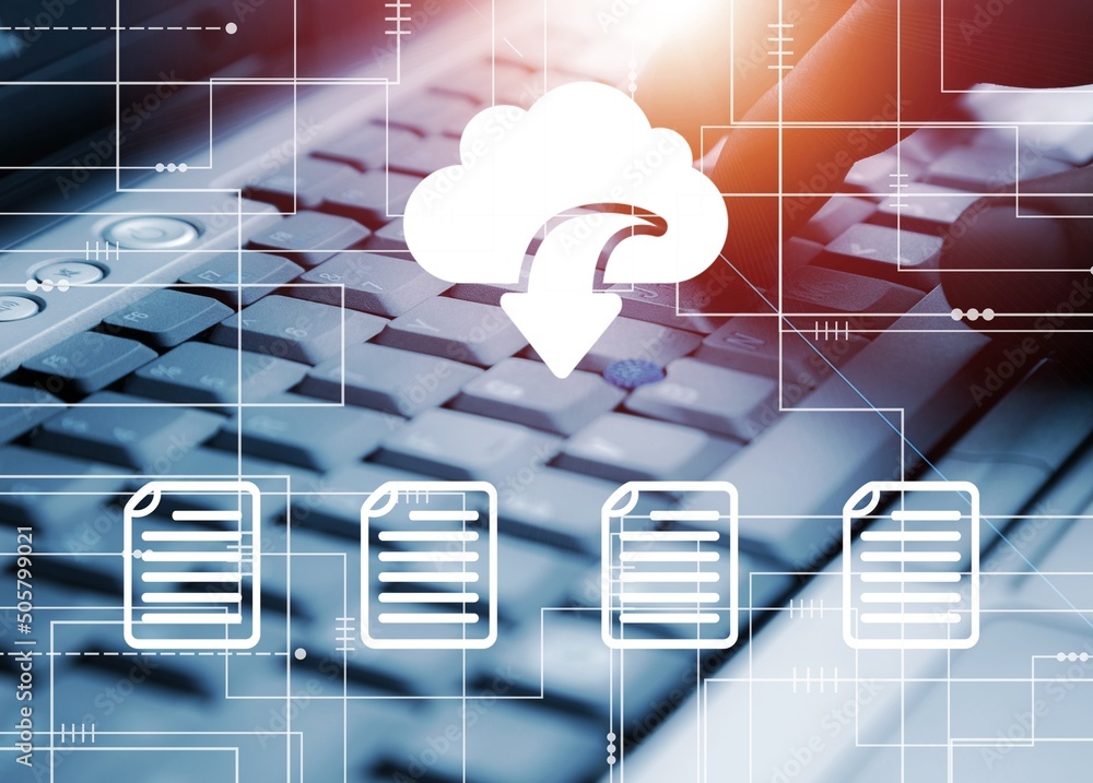 Poster digital documents icons. keyboard and data files sharing with cloud storage