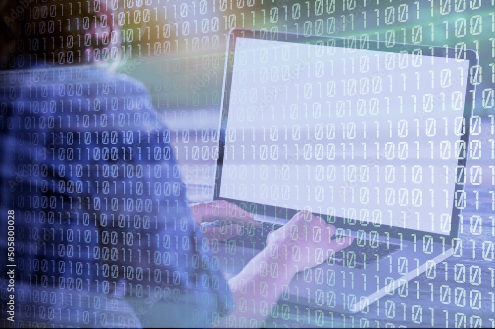 Poster intelligence and business analytics concept. man designer working on laptop computer