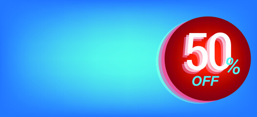 50% off, fifty percent off, offer, promotion, blue background with space and vector promotion icons