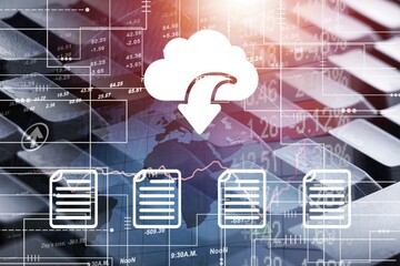 digital documents icons. Keyboard and data files sharing with cloud storage