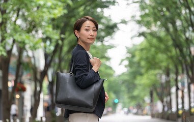 新緑・振り返る美しい日本人女性