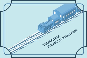 蒸気機関車のシルエット。アイソメトリックスタイルのシンプルなフレームのあるバナーイラスト。.