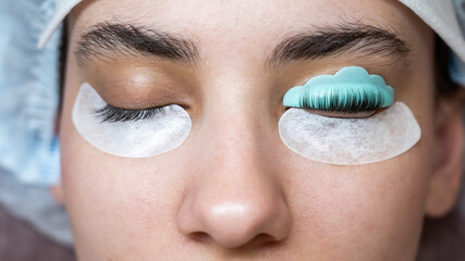 Caucasian woman on eyelash lamination procedure. Before and after.  - obrazy, fototapety, plakaty