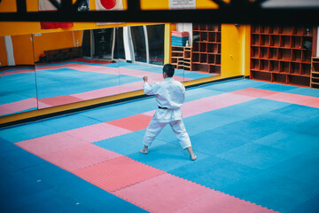 Karateka realizando el tradicional kata. Concepto de deportes y artes marciales.