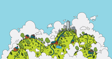 A cartoon city on lush, green hills with houses and a downtown rising through bright soft clouds.