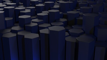 Abstract background with waves made of black futuristic honeycomb mosaic geometry primitive forms that goes up and down under blue back-lighting. 3D illustration. 3D CG. High resolution.