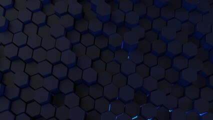 Abstract background with waves made of black futuristic honeycomb mosaic geometry primitive forms that goes up and down under blue back-lighting. 3D illustration. 3D CG. High resolution.