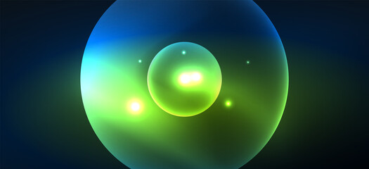 Abstract background with neon glowing light effects. Round shapes, triangles and circles. Wallpaper for concept of AI technology, blockchain, communication, 5G, science, business and technology