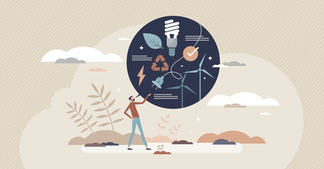 Save earth and speak up about environmental topics tiny person concept. Raise your voice for nature protection and explain alternative energy sources vector illustration. Public talk about ecology.