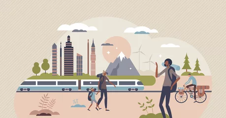 Foto op Plexiglas Save earth and consider your travel to reduce CO2 footprint tiny person concept. Support local tourism and explore nearby places for ecotourism and sustainable transportation vector illustration. © VectorMine