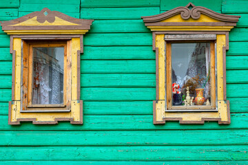 The facade of a village hut in Central Russia.