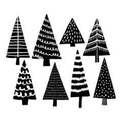 Black and white Christmas trees in linocut style isolated. - 505807447