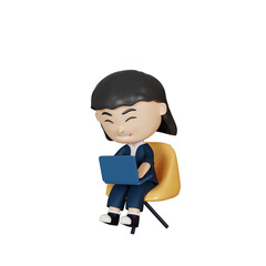 3d rendering cute businesswoman sitting and laptop
